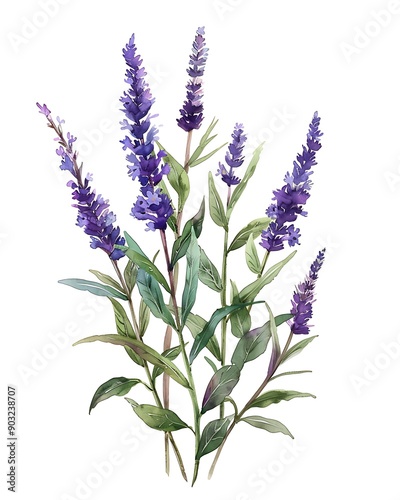 A beautiful watercolor illustration of purple salvia flowers with green leaves on a white background. 