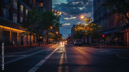 Evening Street View of Quincy City With Illuminated Buildings and Traffic © Ruslan