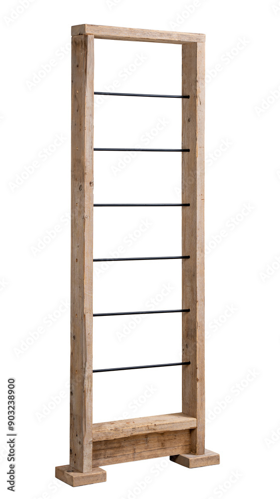 Raw wood display stand with metal pegs. Isolated, white background Raw wood display stand with metal pegs. Isolated, white background