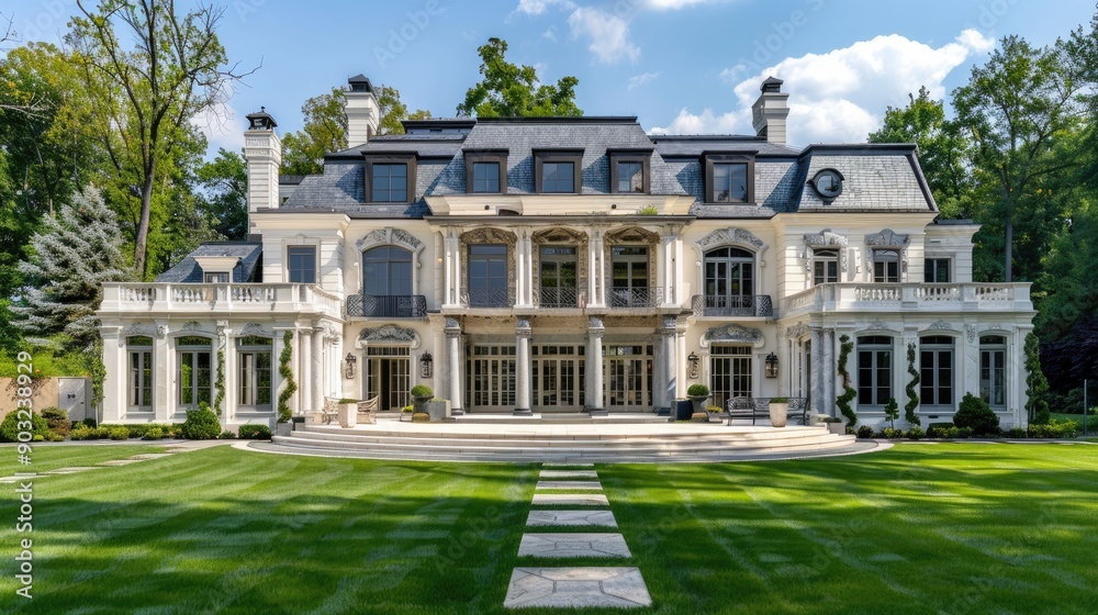 Elegant white mansion with intricate stonework and manicured lawns. Elegant white mansion with intricate stonework and manicured lawns.