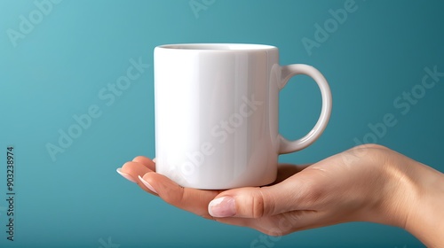 A person is holding a plain white coffee mug against a soft blue background. 