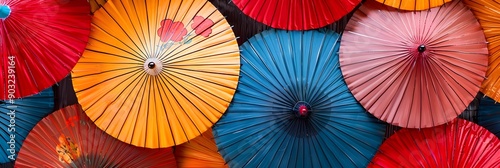 banner of multicolored Japanese umbrellas . top view .
 photo