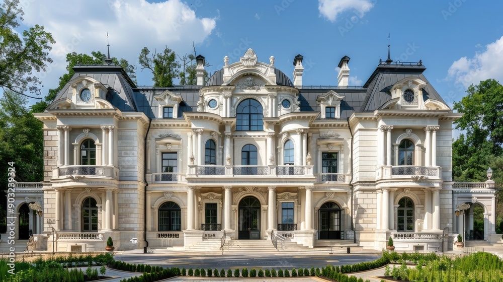 Grand white mansion with detailed stonework and classic architecture. Grand white mansion with detailed stonework and classic architecture.