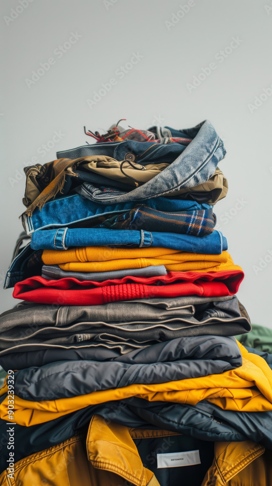 Colorful Stack of Jackets and T-Shirts Showcasing Casual Style at a Fashionable Indoor Space During Daylight Colorful Stack of Jackets and T-Shirts Showcasing Casual Style at a Fashionable Indoor Space During Daylight