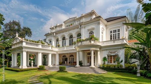 Grand white mansion with detailed exterior and lush greenery.