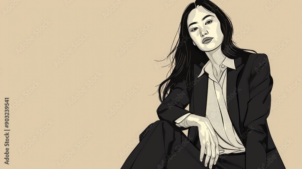 Line art vector of an Asian woman in a suit, sitting with legs crossed. Line art vector of an Asian woman in a suit, sitting with legs crossed.