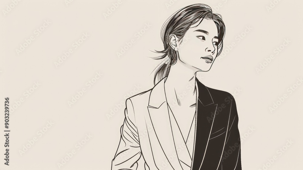 Minimal line art vector of an elegant Asian woman in a tailored suit, confident and poised. Minimal line art vector of an elegant Asian woman in a tailored suit, confident and poised.