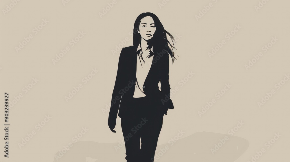 Minimalist vector of an Asian woman in a suit, walking confidently towards the camera. Minimalist vector of an Asian woman in a suit, walking confidently towards the camera.