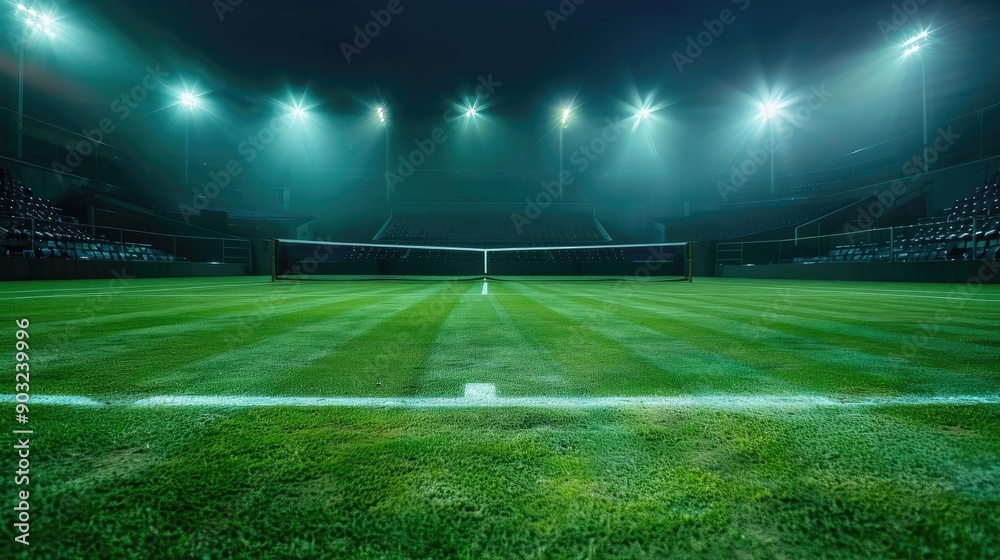 Night match on a grass tennis court under bright stadium lights.