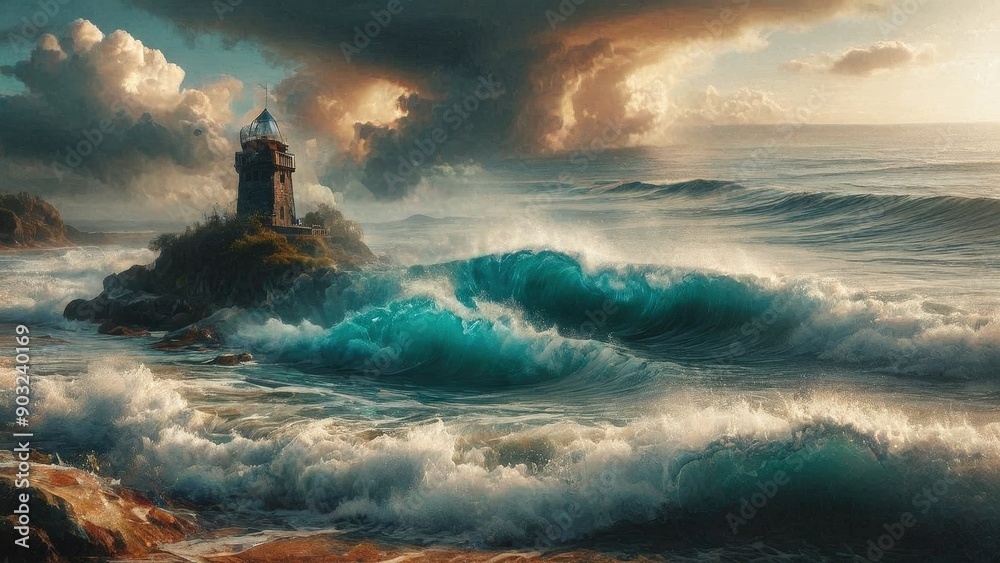 Fototapeta premium Lighthouse on a Rocky Outcrop with Dramatic Waves