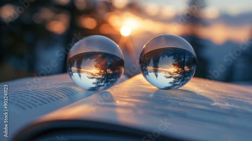 Pair of contact lenses on a book, one highlighting text details, the other a distant landscape.