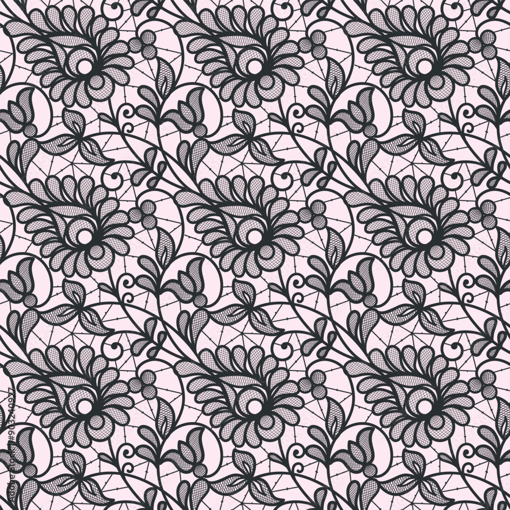 Seamless lace floral background. Vector black flowers on light pink background. Seamless lace floral background. Vector black flowers on light pink background.
