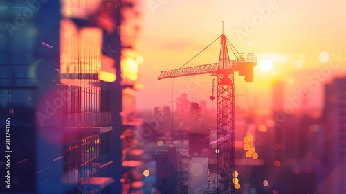 construction work on high ground heavy industry and safety concept over blurred natural background sunset pastel 