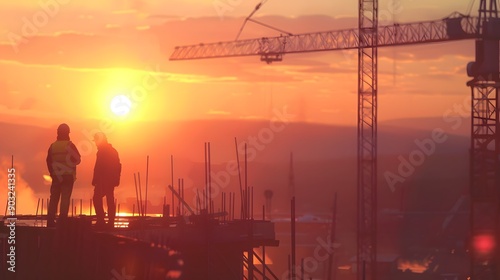 construction work on high ground heavy industry and safety concept over blurred natural background sunset pastel