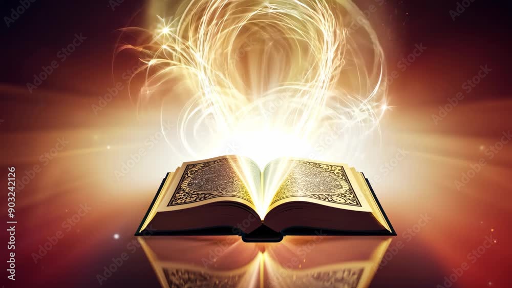 Open magical book with glowing abstract lights