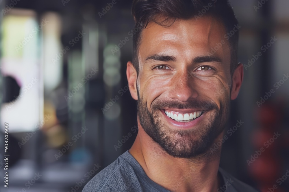 A fit muscular male personal trainer smiling at the camera in a gym, close up A fit muscular male personal trainer smiling at the camera in a gym, close up