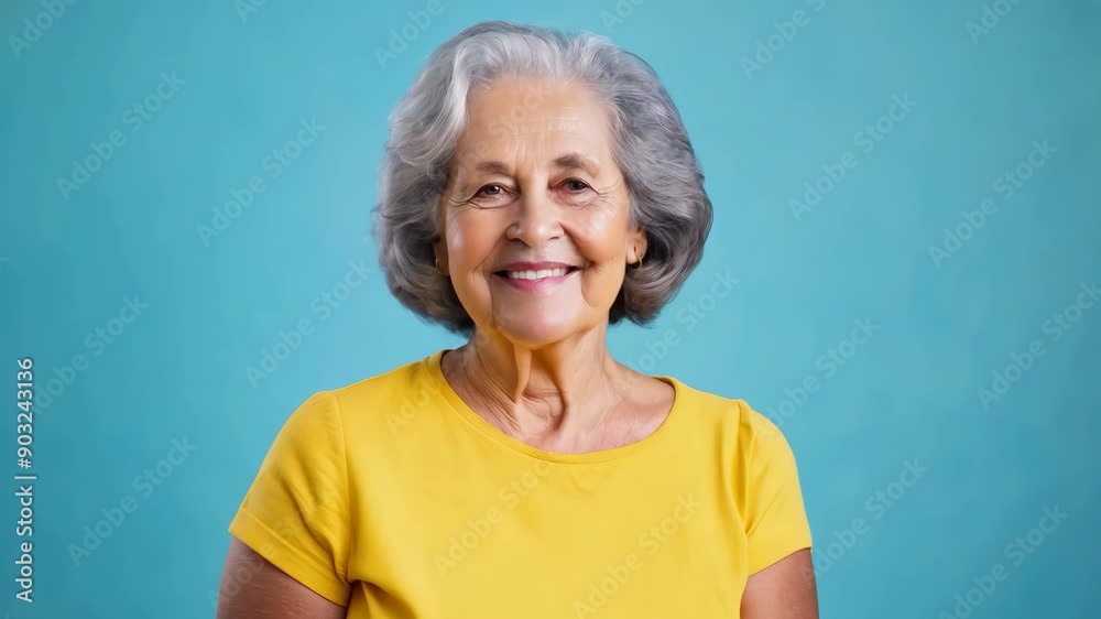 Smiling Elderly Woman in Yellow Shirt Against a Blue Background Smiling Elderly Woman in Yellow Shirt Against a Blue Background