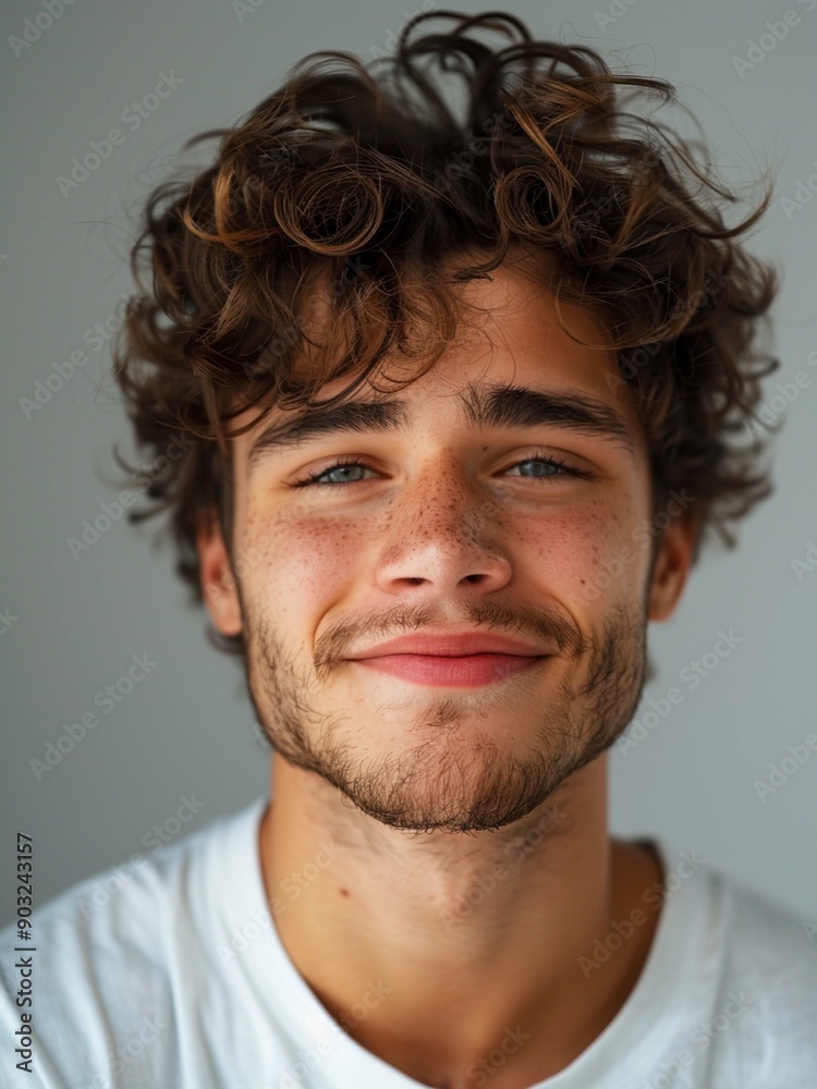 man, lite smile front portrait, curly hair, light gray white gradient background man, lite smile front portrait, curly hair, light gray white gradient background
