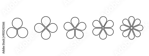 Set of flower diagrams divided into equal sections. Collection of pie charts with petals isolated on white background. Floral templates for data presentation. Vector graphic illustration.