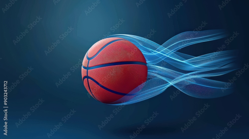 Obraz premium A basketball with a blue glowing trail streaks across a dark blue background.