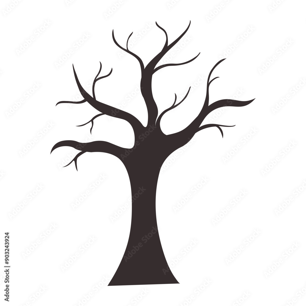 Black silhouette of tree without leaves. Halloween isolated icon on transparent background for design or sticker pack Black silhouette of tree without leaves. Halloween isolated icon on transparent background for design or sticker pack