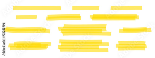 Set of yellow highlight marker lines. Different transparent hand drawn pen or brush underlines for important text selection isolated on white background. Vector realistic illustration.