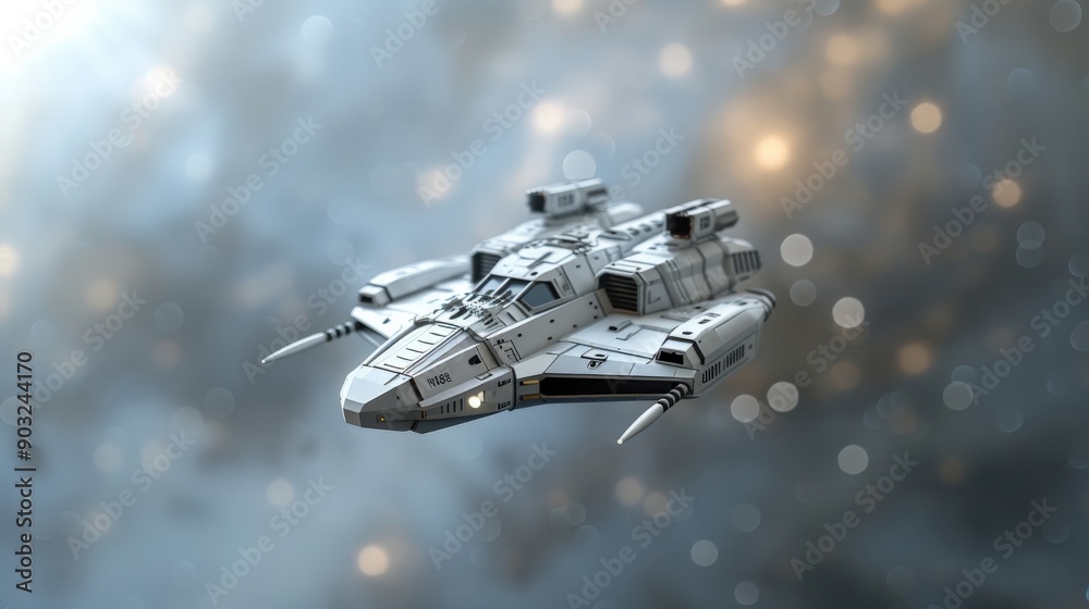 A futuristic spaceship flies through a nebula, surrounded by glittering stars. A futuristic spaceship flies through a nebula, surrounded by glittering stars.