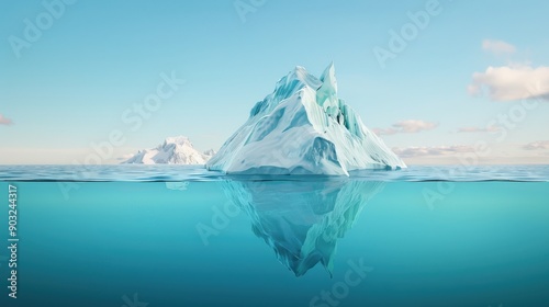 A large iceberg floats in the ocean, with only a small portion visible above the waterline. The water is clear and blue. The iceberg is white and reflects the sunlight.