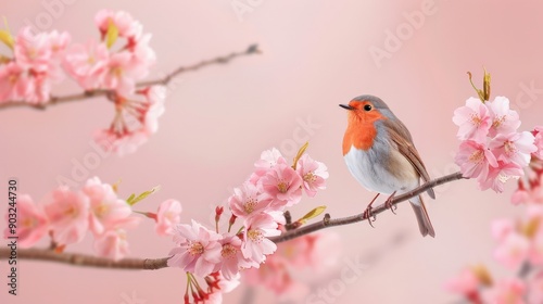 A robin perched on a branch of a cherry blossom tree in full bloom, a symbol of spring and new beginnings.