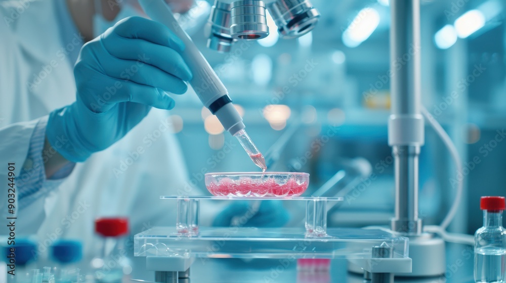 A scientist in a lab coat and gloves uses a pipette to transfer liquid into a petri dish. The image shows a lab setting with equipment and various vials. A scientist in a lab coat and gloves uses a pipette to transfer liquid into a petri dish. The image shows a lab setting with equipment and various vials.