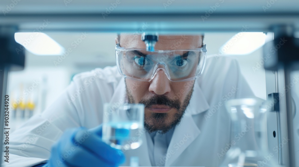 A scientist in a lab coat and safety glasses looks intently at a chemical solution in a beaker. A scientist in a lab coat and safety glasses looks intently at a chemical solution in a beaker.