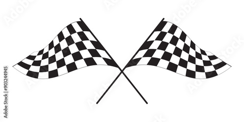 Crossed race flags with checkered black and white print. Start or finish symbols on sport car competitions. Rally or motocross props. Victory, trophy or success symbols. Vector flat illustration