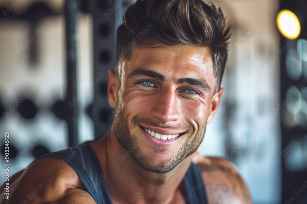 A fit muscular male personal trainer smiling at the camera in a gym, close up A fit muscular male personal trainer smiling at the camera in a gym, close up