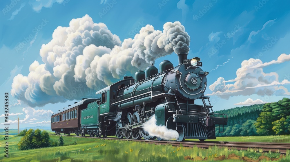 Obraz premium A vintage steam locomotive chugs through a lush green field under a bright blue sky. Puffs of smoke billow from the engine as it travels toward the horizon.