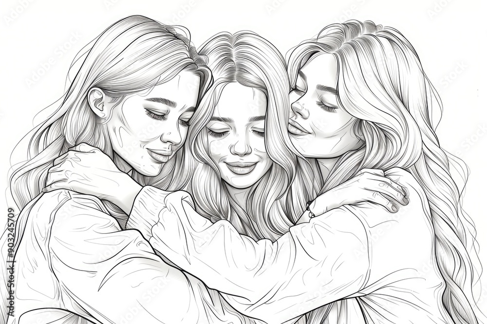 three female friends greeting hugging each other   one line drawing
