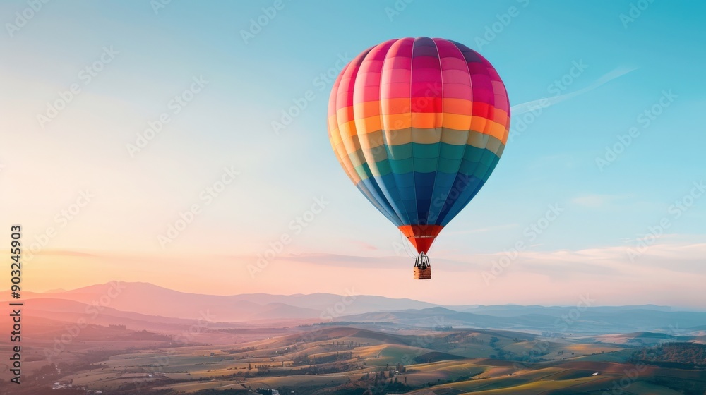 Fototapeta premium Colorful hot air balloon soaring through a vibrant sky above rolling hills at sunset.