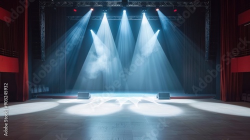 Empty stage with spotlights illuminating the floor.  Ready for a performance.