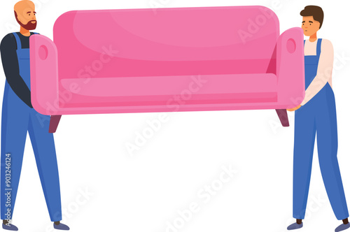Two movers carrying a pink sofa, delivery service and relocation concept