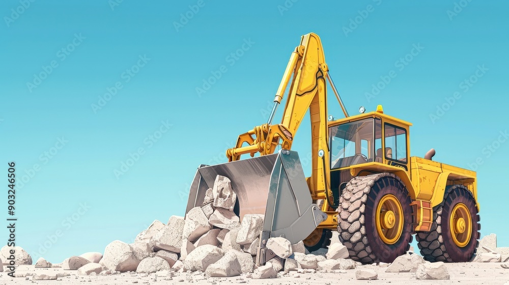 Yellow excavator with a large bucket scooping up rocks on a construction site. Yellow excavator with a large bucket scooping up rocks on a construction site.