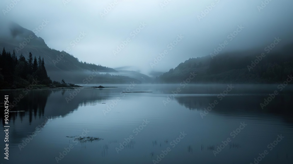 Obraz premium Misty Mountain Lake: A Serene Landscape of Tranquility