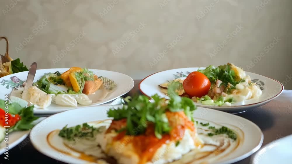 Delicious Gourmet Dishes on Elegant Plates in a Fine Dining Restaurant Delicious Gourmet Dishes on Elegant Plates in a Fine Dining Restaurant