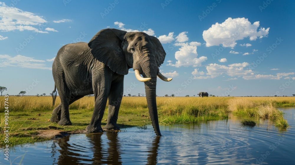 beautiful landscape with an elephant drinking water in a small lake in Africa with a blue sky beautiful landscape with an elephant drinking water in a small lake in Africa with a blue sky