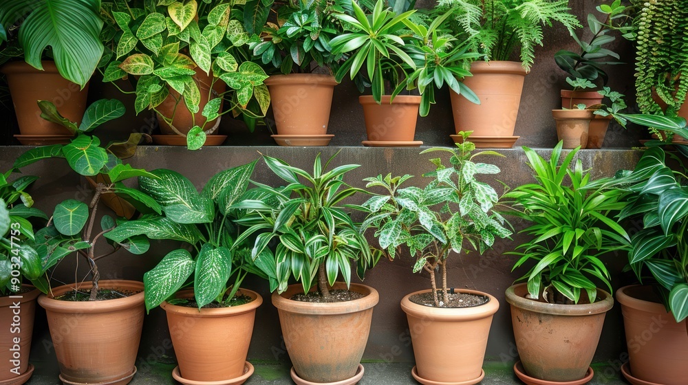 A Collection of Potted Green Plants on a Shelf A Collection of Potted Green Plants on a Shelf