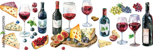 wine and cheese watercolor clipart