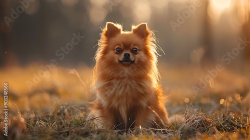 Cute red Pomeranian spitz dog sitting outdoors in field picture