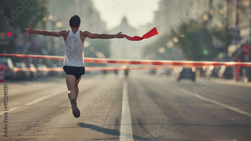 Determined female marathon runner with number 00220 crosses finish line of race with crowd cheering. photo