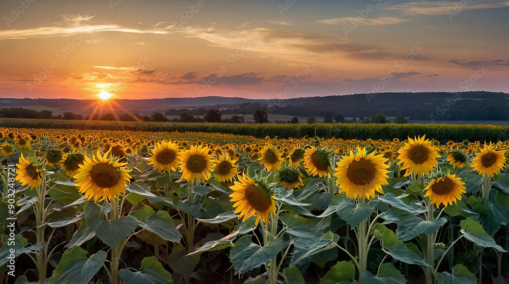 Obraz premium a field of sunflowers with the sun setting in the back