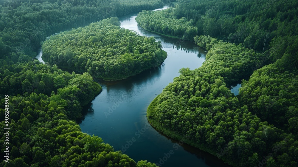 Winding river through a dense forest, peaceful and untouched Winding river through a dense forest, peaceful and untouched