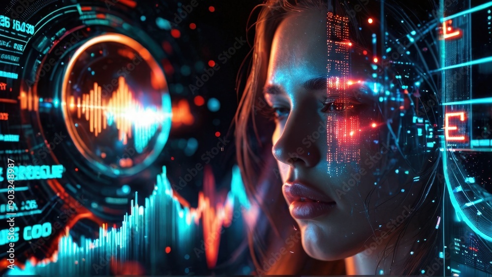 Woman with digital overlay, futuristic interface. Woman with digital overlay, futuristic interface.