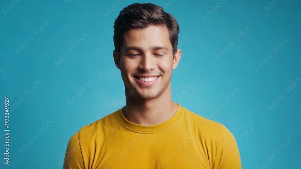 Smiling Young Man in Yellow Shirt Against Blue Background with Eyes Closed, Enjoying the Moment Smiling Young Man in Yellow Shirt Against Blue Background with Eyes Closed, Enjoying the Moment